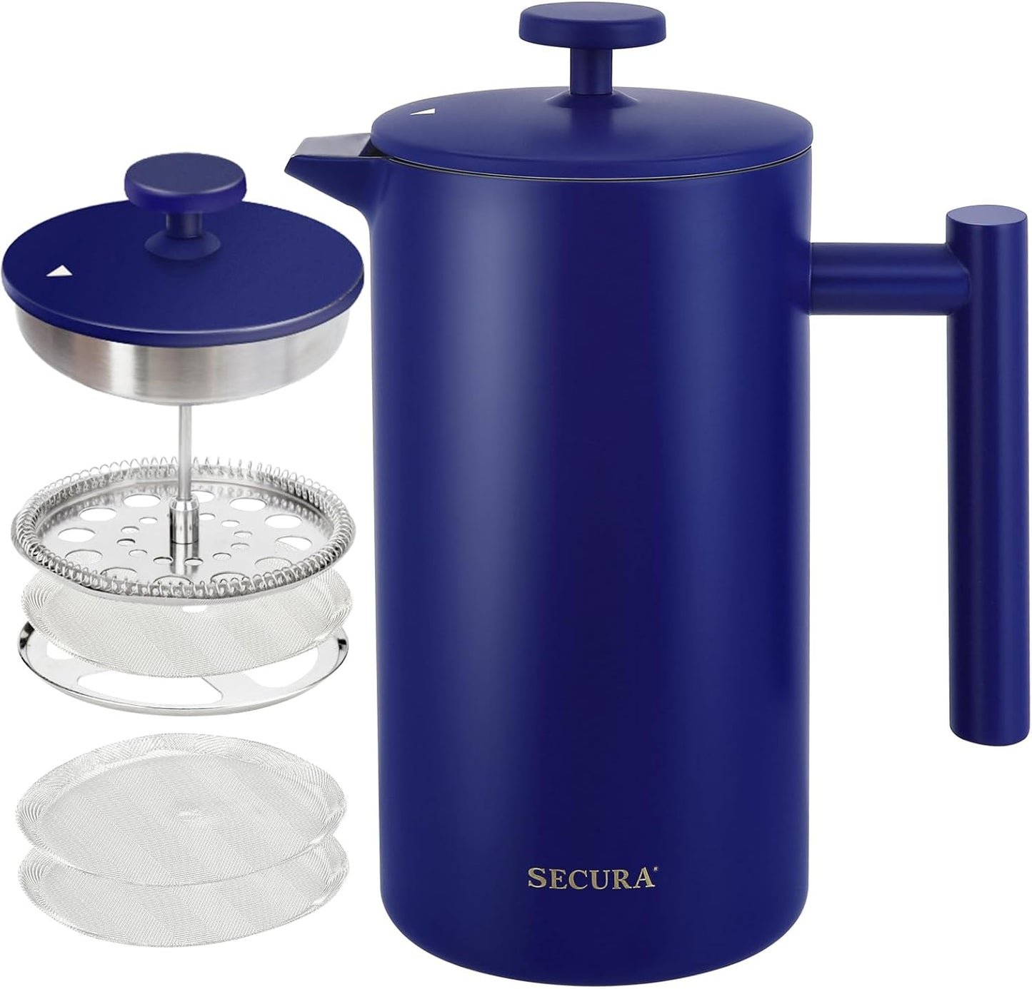 12oz Insulated French Press Coffee Maker - 304 Stainless Steel with 2 Extra Screens, Silver (SFP-12DS)