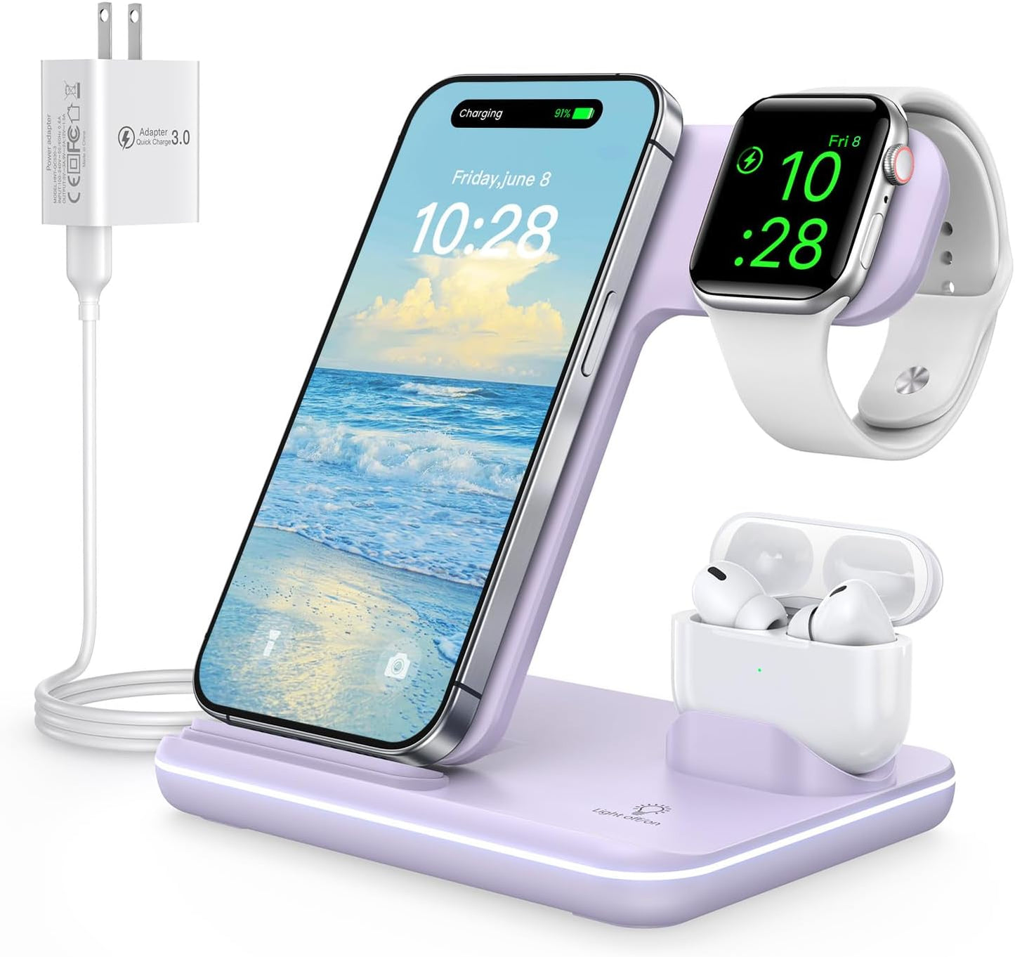 3-in-1 Wireless Charging Station for iPhone 16/15/14/13/12/11/X/8, Apple Watch Series 10/9/8/7/6/5/4/3/2/SE/Ultra/Ultra 2, and AirPods 4/3/2/Pro/Pro 2 (Black)