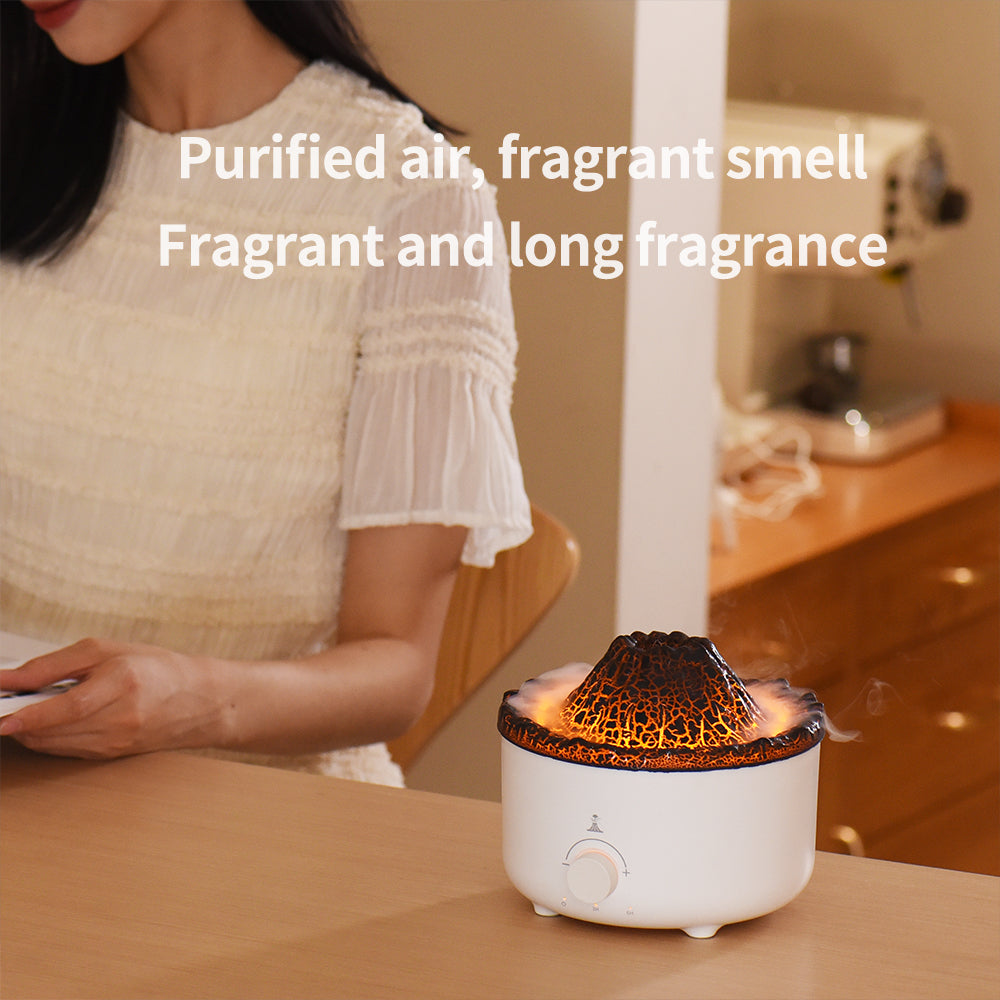 Compact Simulated Flame Volcano Humidifier and Diffuser for Home Décor