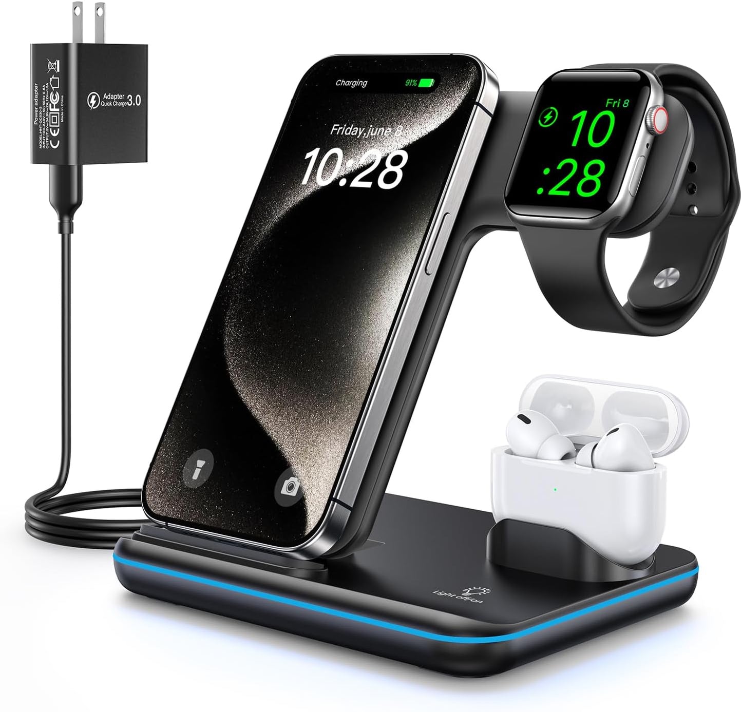 3-in-1 Wireless Charging Station for iPhone 16/15/14/13/12/11/X/8, Apple Watch Series 10/9/8/7/6/5/4/3/2/SE/Ultra/Ultra 2, and AirPods 4/3/2/Pro/Pro 2 (Black)