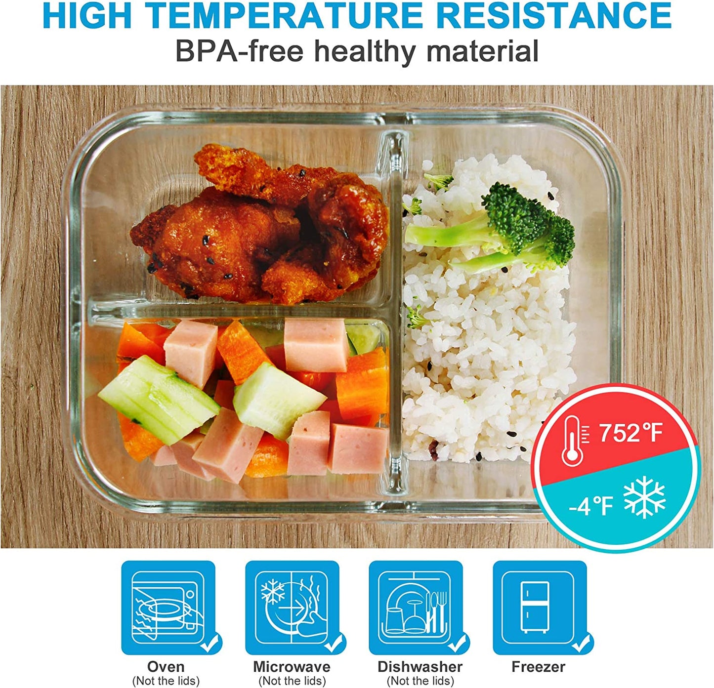 Set of 3 - 36oz Glass Meal Prep Containers with 3 Compartments and Lids, Oven and Microwave Safe