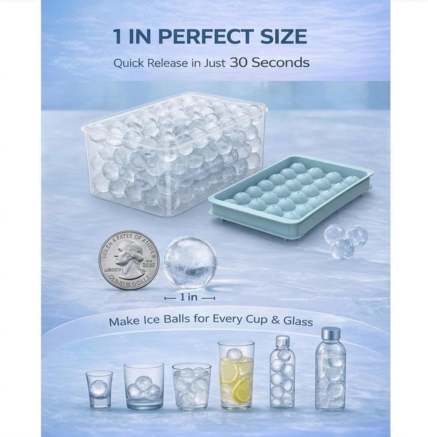 Round Ice Cube Tray with Lid and Storage Bin - Set of 2 (1") - Blue