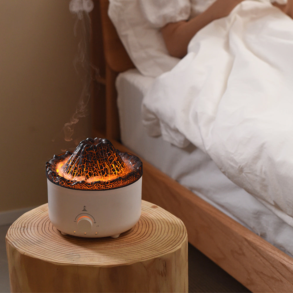 Compact Simulated Flame Volcano Humidifier and Diffuser for Home Décor