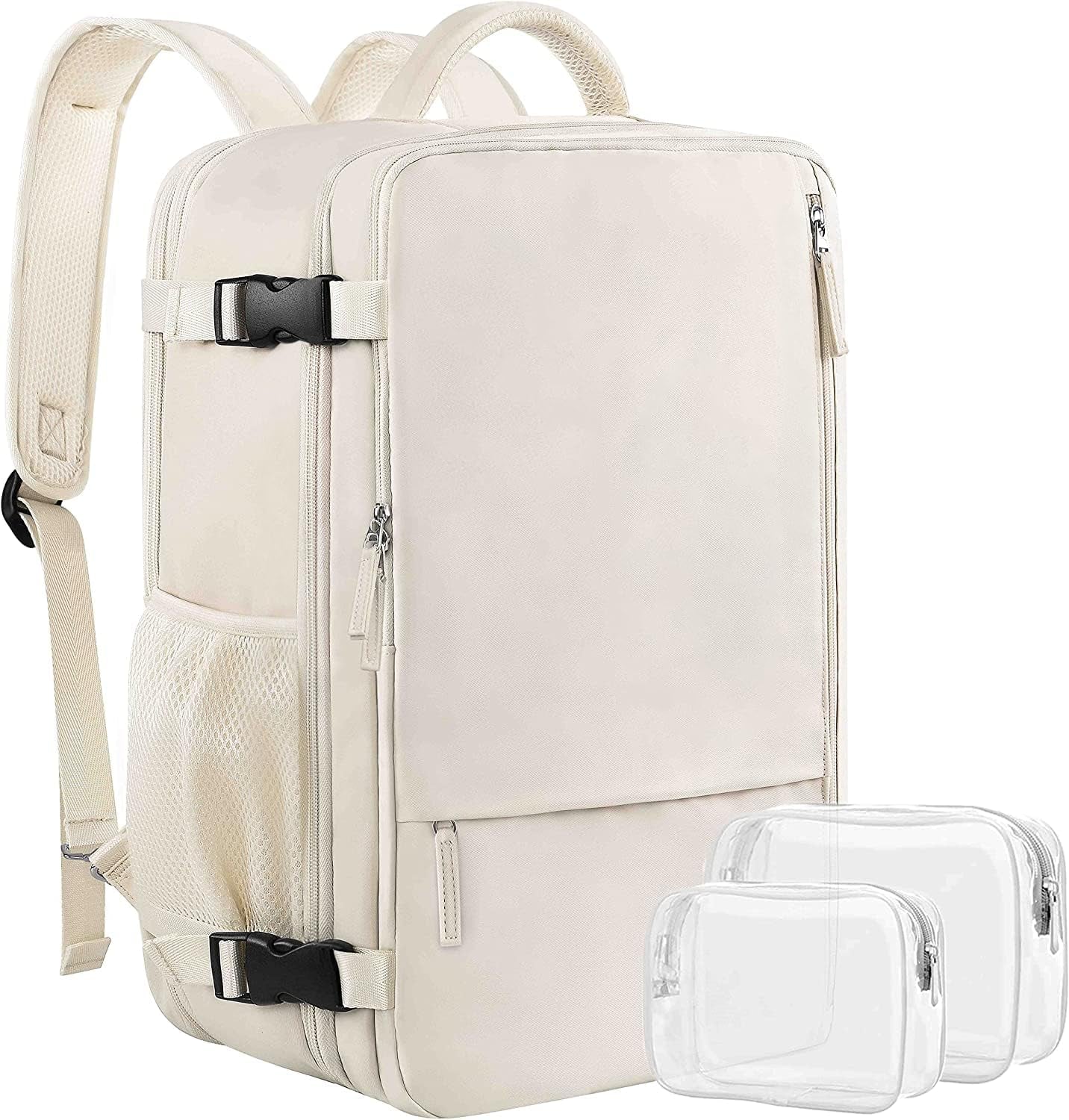 Women's Expandable 40L Travel Backpack, Flight Approved Carry-On, Waterproof 17-Inch Laptop Bag for College, Travel, and Work - Beige