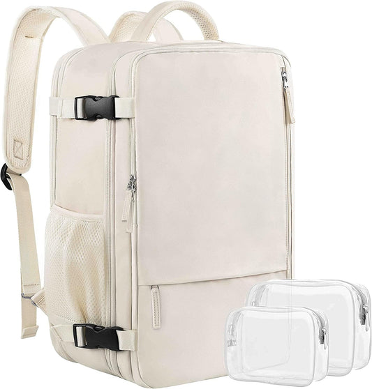 Women's Expandable 40L Travel Backpack, Flight Approved Carry-On, Waterproof 17-Inch Laptop Bag for College, Travel, and Work - Beige