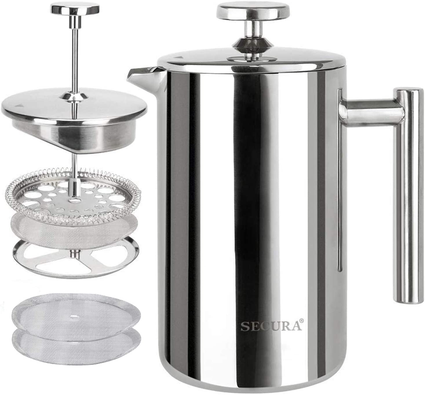 12oz Insulated French Press Coffee Maker - 304 Stainless Steel with 2 Extra Screens, Silver (SFP-12DS)