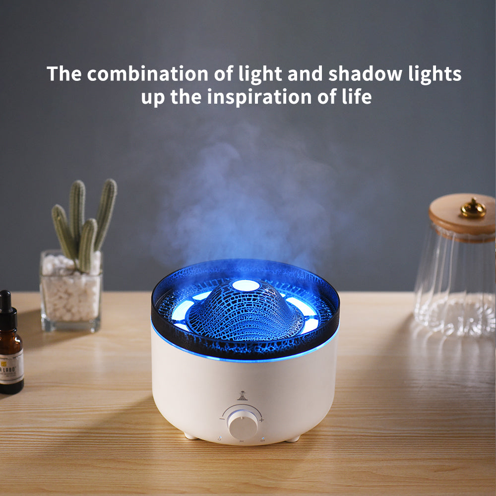 Compact Simulated Flame Volcano Humidifier and Diffuser for Home Décor