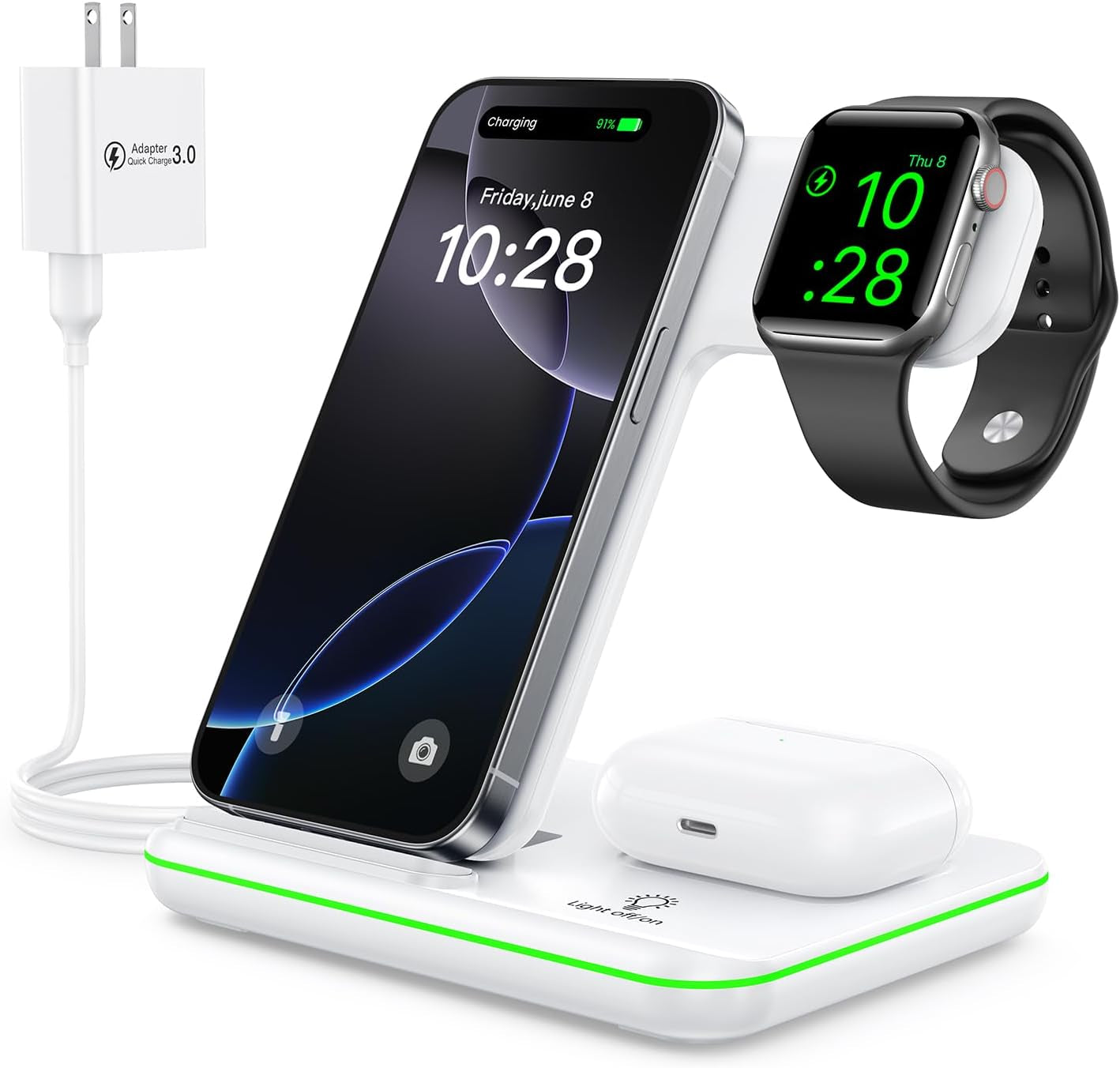3-in-1 Wireless Charging Station for iPhone 16/15/14/13/12/11/X/8, Apple Watch Series 10/9/8/7/6/5/4/3/2/SE/Ultra/Ultra 2, and AirPods 4/3/2/Pro/Pro 2 (Black)