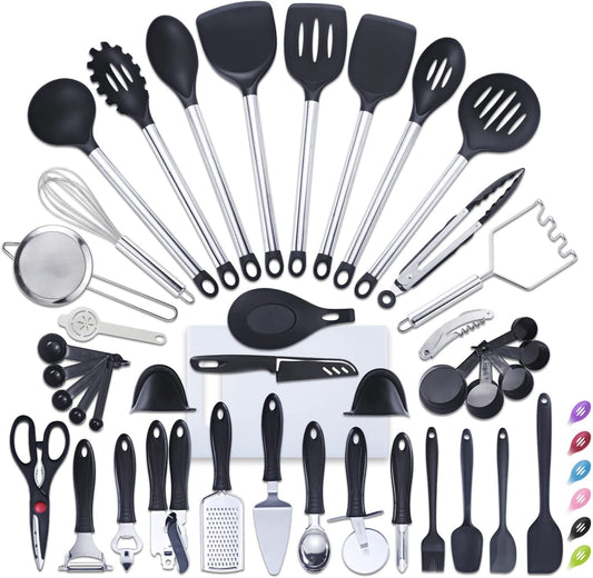 42-Piece Professional Kitchen Utensil Set in Nylon and Stainless Steel for Cooking and Baking, Black