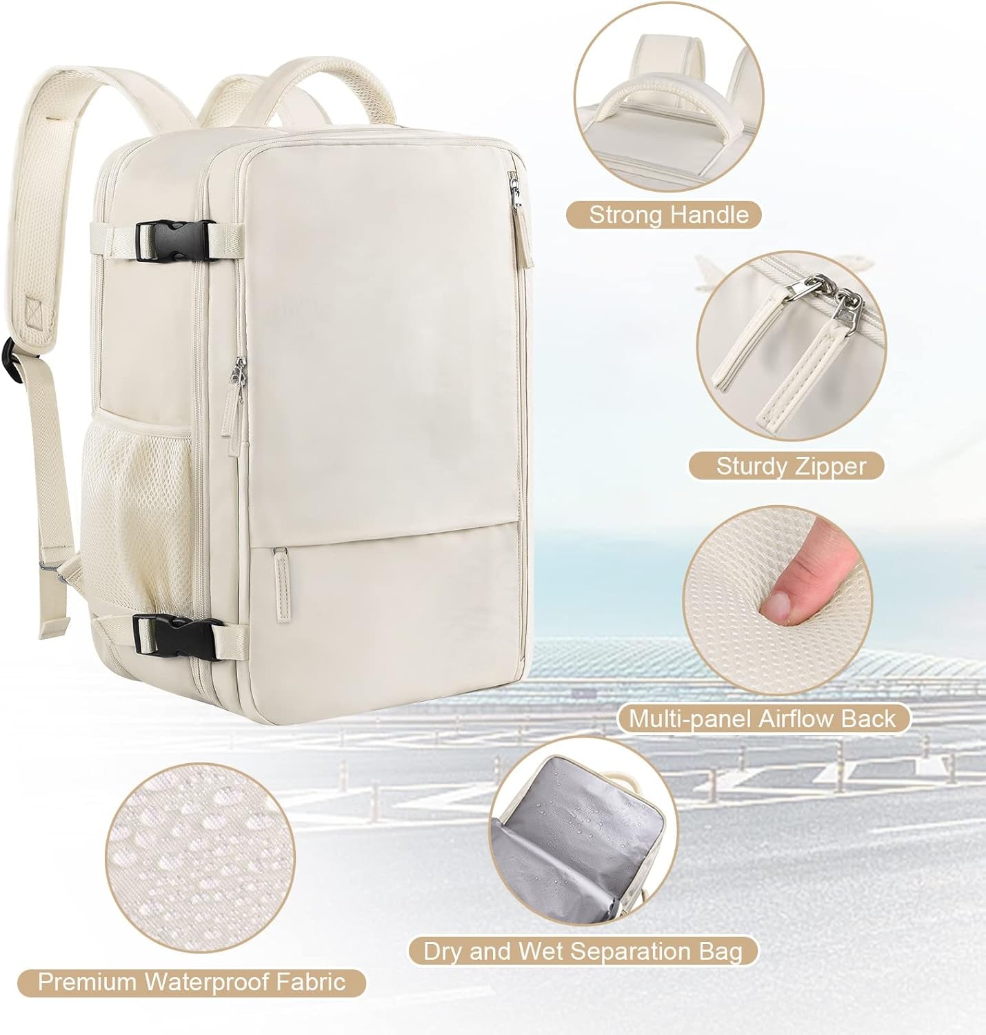 Women's Expandable 40L Travel Backpack, Flight Approved Carry-On, Waterproof 17-Inch Laptop Bag for College, Travel, and Work - Beige