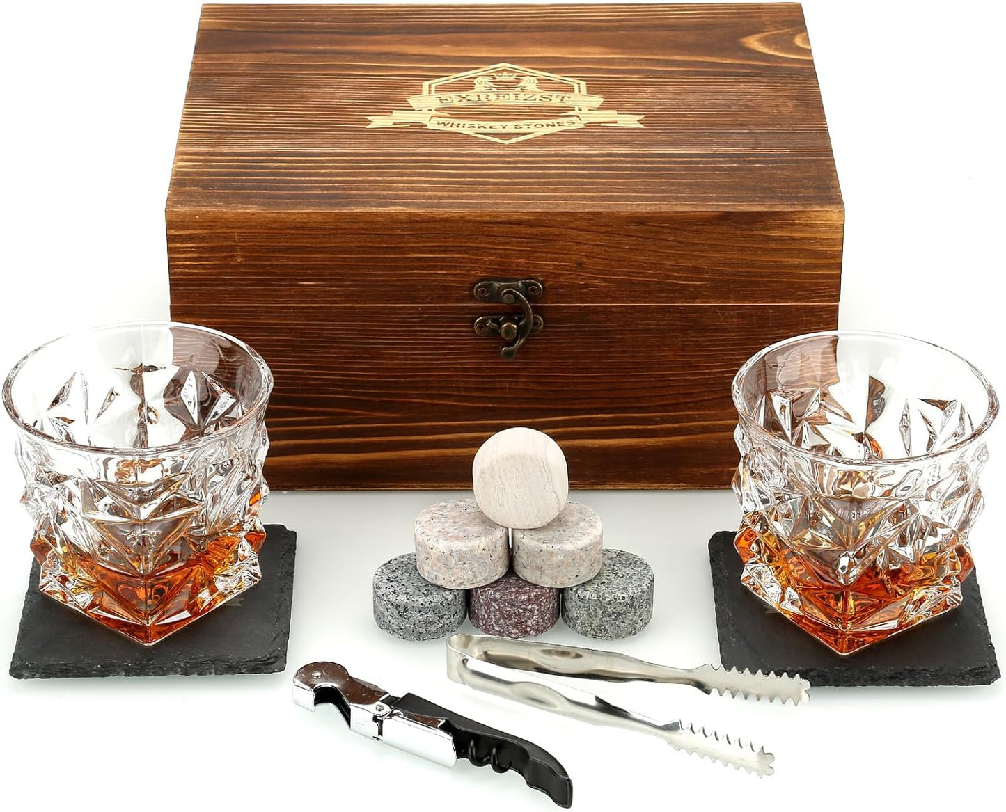 Whiskey Stones Gift Set - Two Granite Whiskey Glasses with Chilling Rocks - Premium Scotch and Bourbon Gift Box - Perfect Father's Day and Birthday Gift for Men