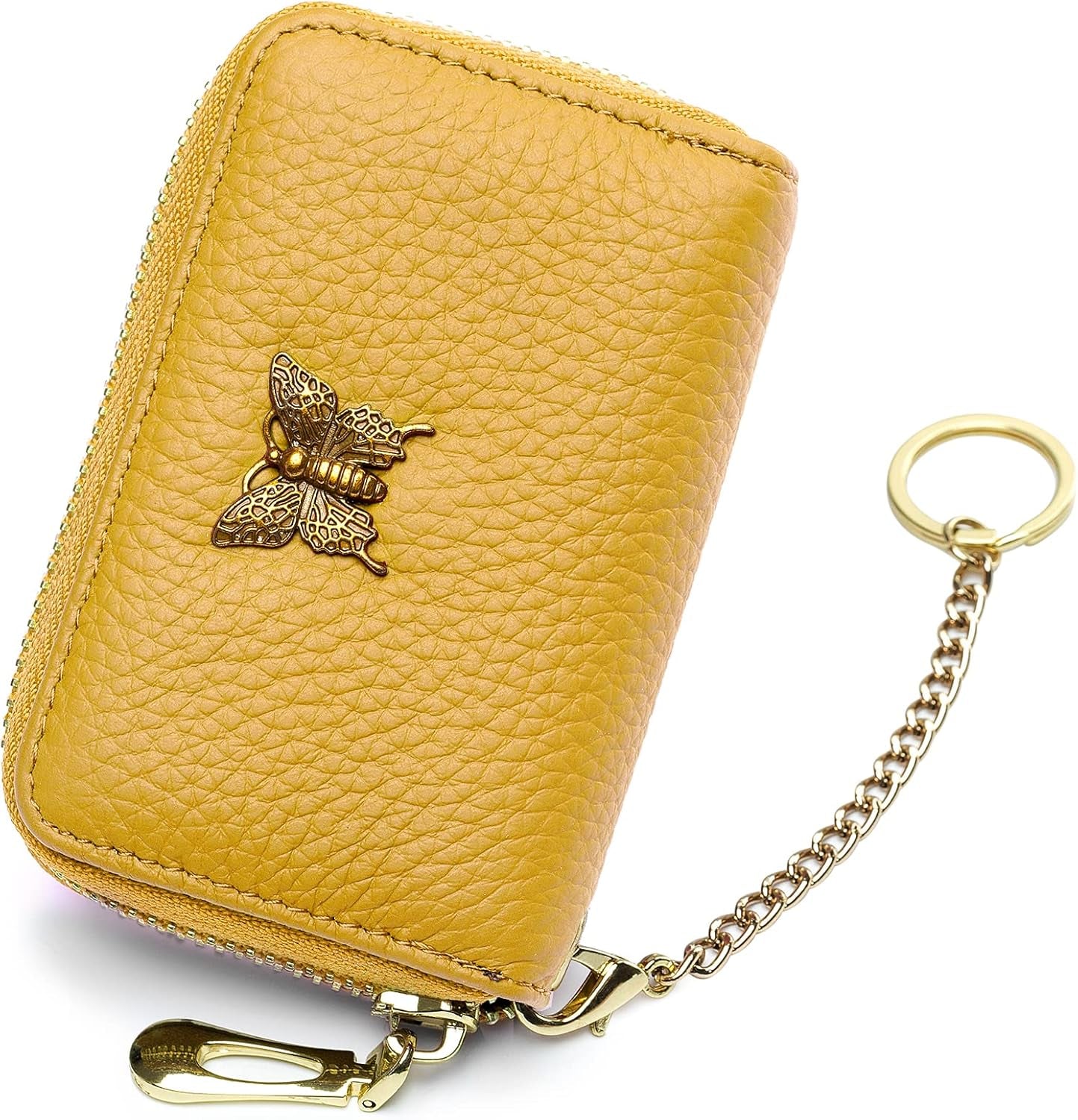 RFID Credit Card Holder for Women Genuine Leather Card Case Wallet with Zipper and Removable Keychain (Black)