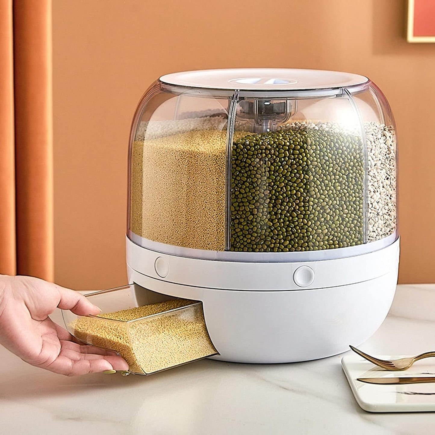 6-Compartment Rotating Rice and Grain Storage Container, 360° Dry Food Dispenser with Lid, 5Kg Capacity for Home Kitchen Use
