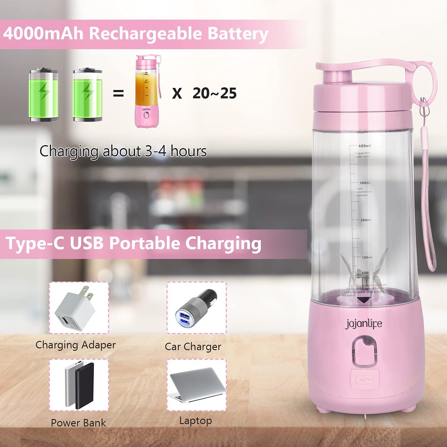 Portable Personal Blender for Shakes and Smoothies - 4000mAh Rechargeable Mini Travel Blender with 3D Six Blades, 13.5oz Fruit Mixer Cup for Home, Sports, and Outdoor Use in Pink