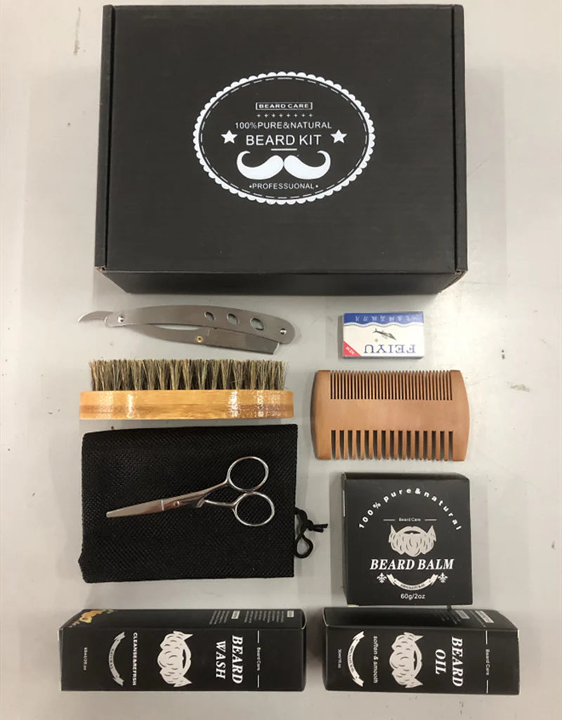 Gentleman's Facial Hair Care Set with Beard Brush and Sanitizing Solution