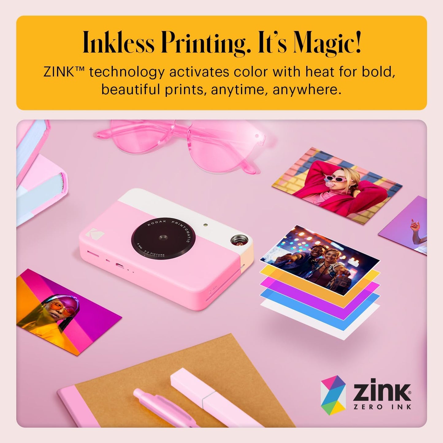 Printomatic Instant Print Digital Camera - Full-Color 2x3" Sticky-Back Photos - 5MP, Portable and Creative Gift for Birthdays, Christmas, and Holidays - Pink