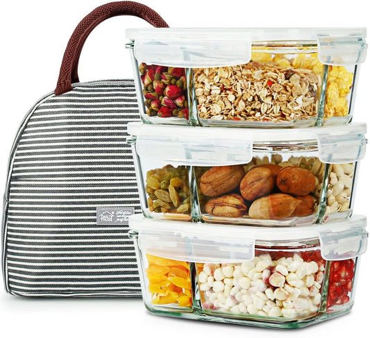 Set of 3 - 36oz Glass Meal Prep Containers with 3 Compartments and Lids, Oven and Microwave Safe