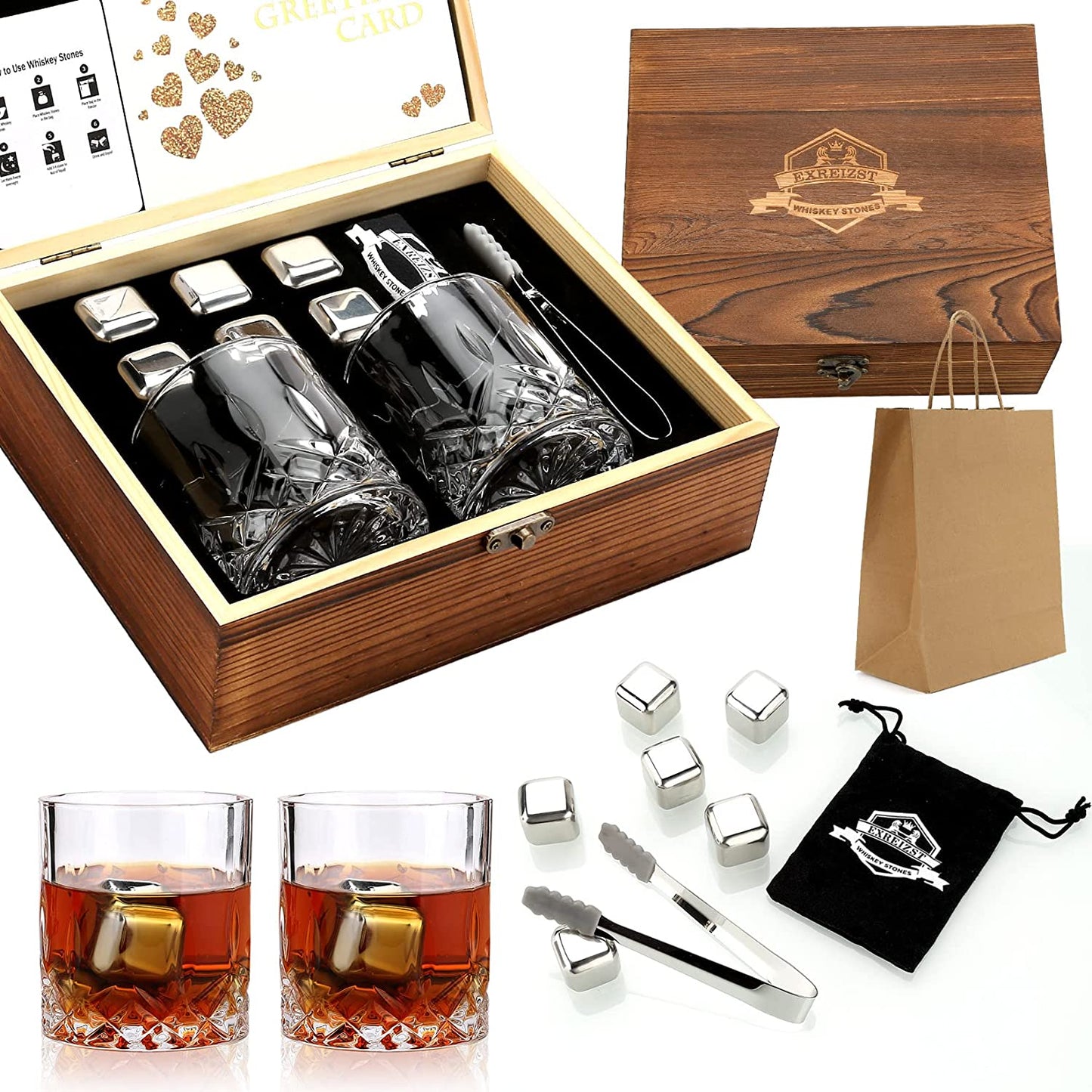 Whiskey Stones Gift Set - Two Granite Whiskey Glasses with Chilling Rocks - Premium Scotch and Bourbon Gift Box - Perfect Father's Day and Birthday Gift for Men