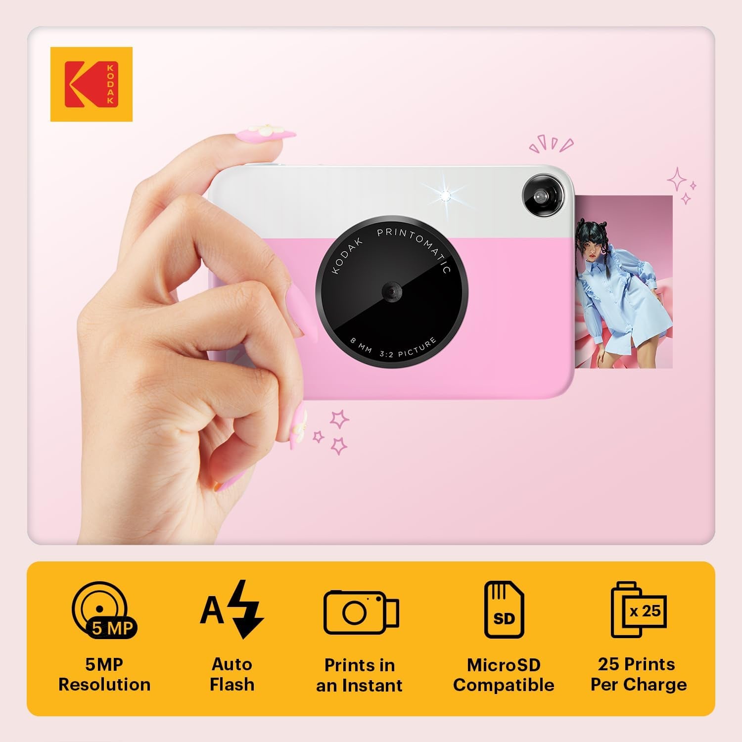 Printomatic Instant Print Digital Camera - Full-Color 2x3" Sticky-Back Photos - 5MP, Portable and Creative Gift for Birthdays, Christmas, and Holidays - Pink