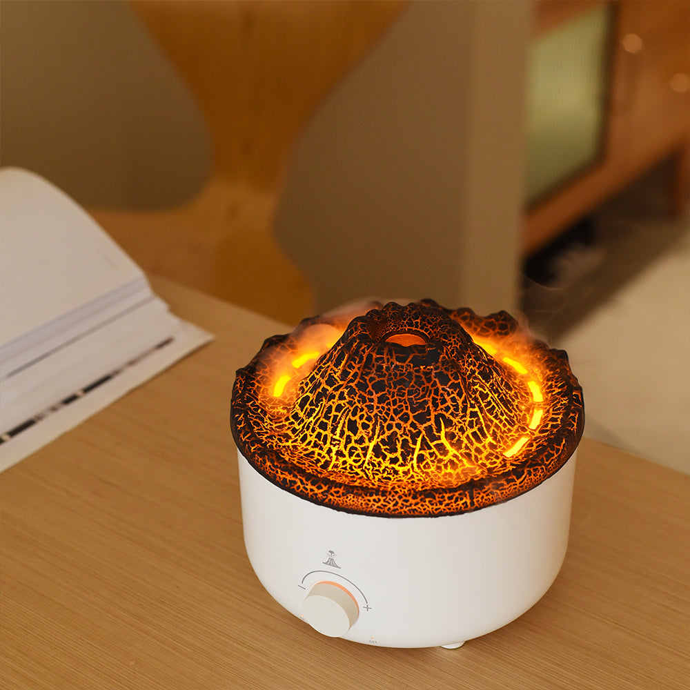 Compact Simulated Flame Volcano Humidifier and Diffuser for Home Décor