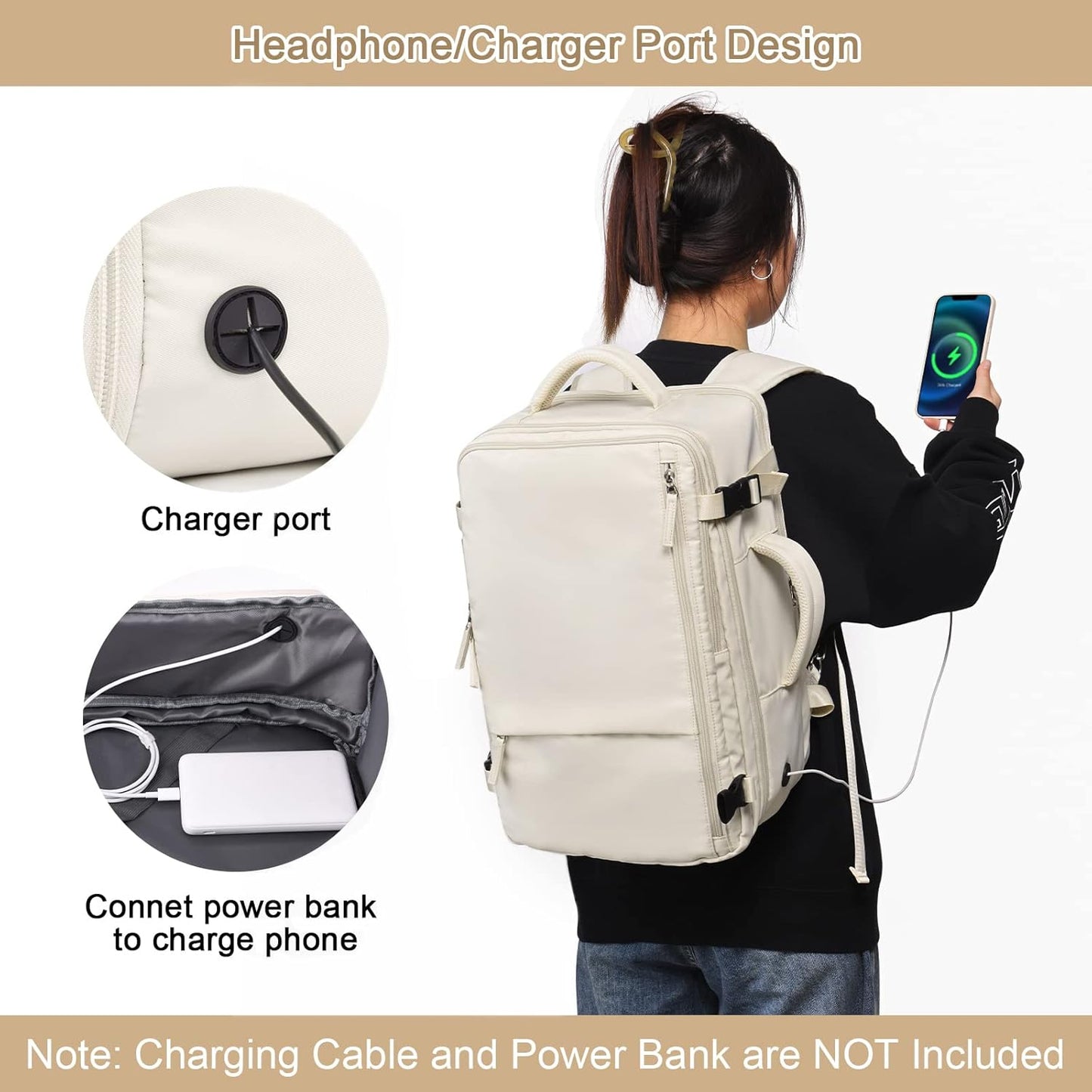 Women's Expandable 40L Travel Backpack, Flight Approved Carry-On, Waterproof 17-Inch Laptop Bag for College, Travel, and Work - Beige