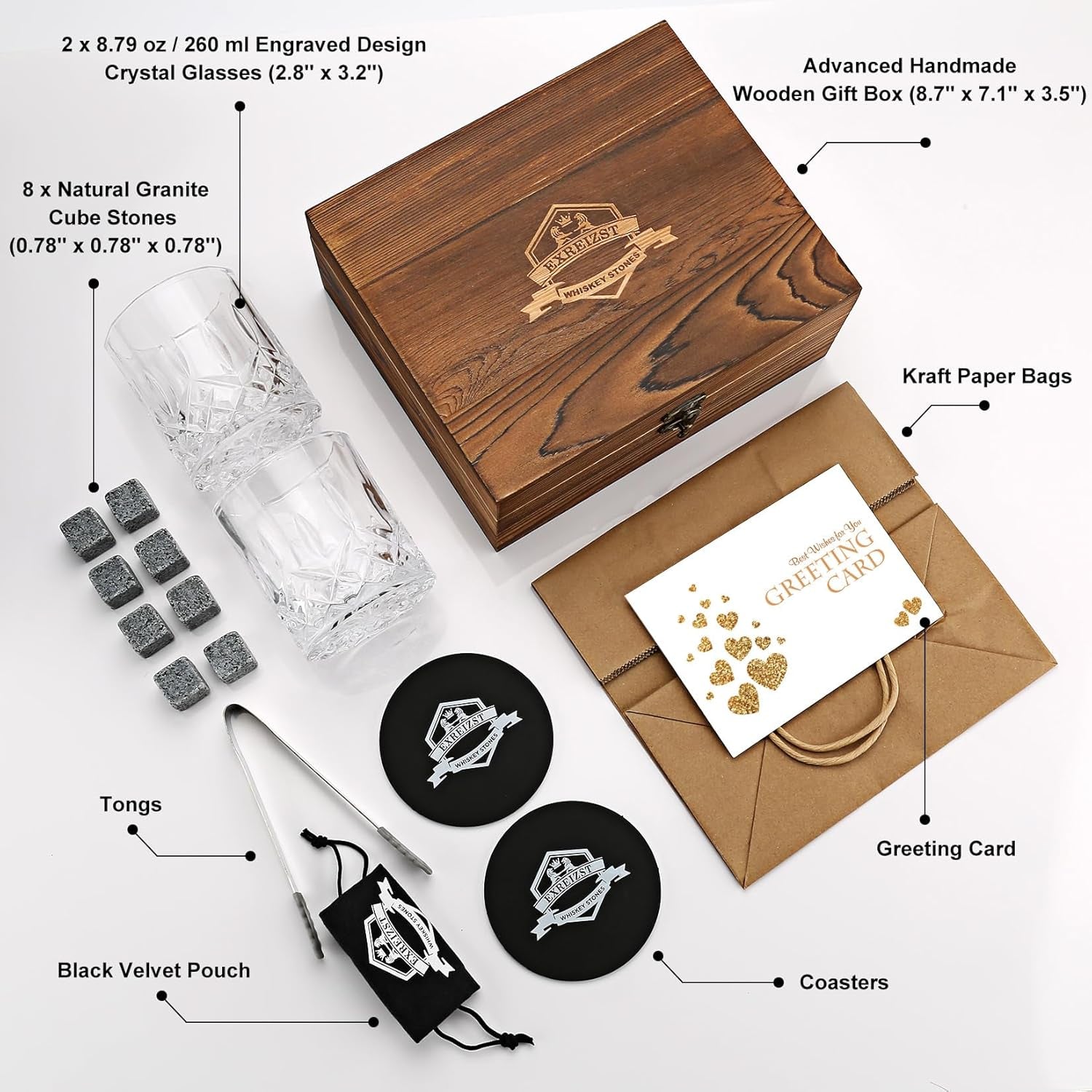 Whiskey Stones Gift Set - Two Granite Whiskey Glasses with Chilling Rocks - Premium Scotch and Bourbon Gift Box - Perfect Father's Day and Birthday Gift for Men