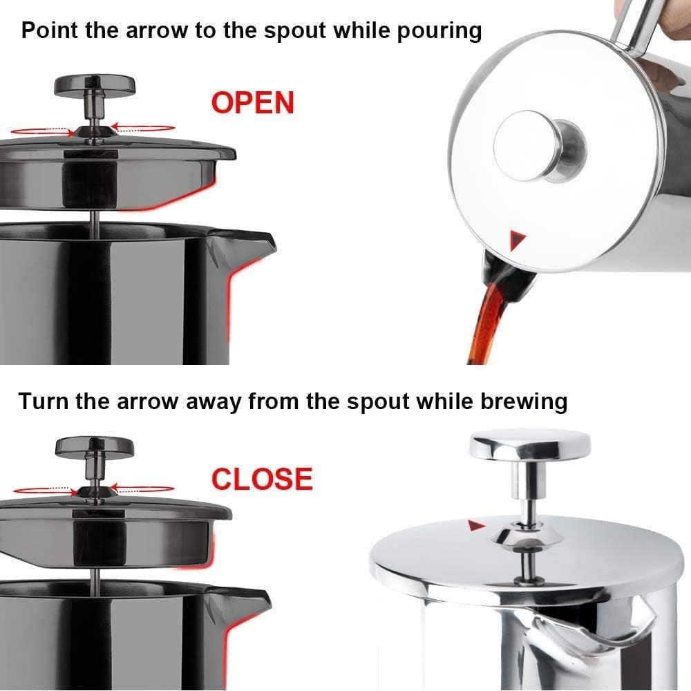 12oz Insulated French Press Coffee Maker - 304 Stainless Steel with 2 Extra Screens, Silver (SFP-12DS)