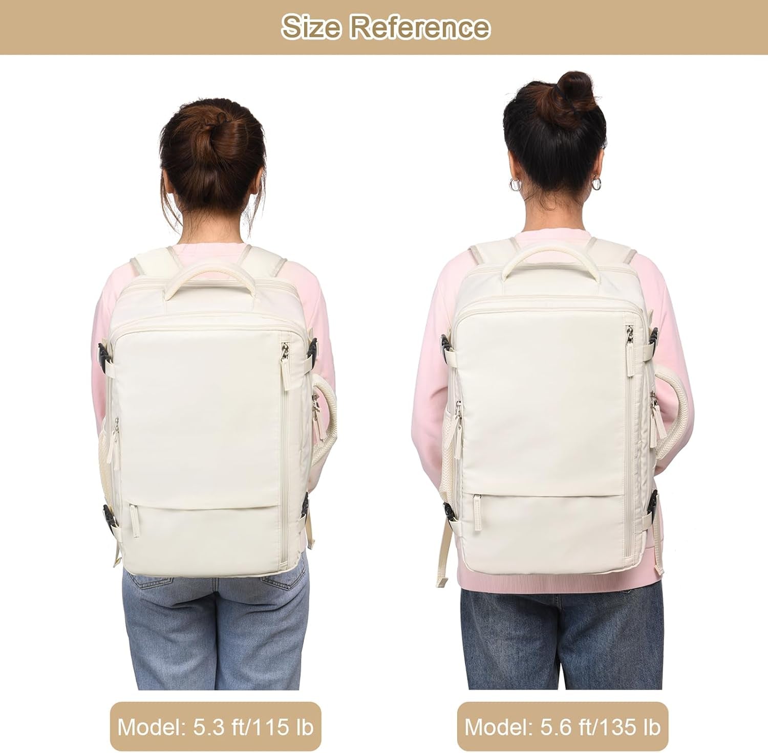 Women's Expandable 40L Travel Backpack, Flight Approved Carry-On, Waterproof 17-Inch Laptop Bag for College, Travel, and Work - Beige
