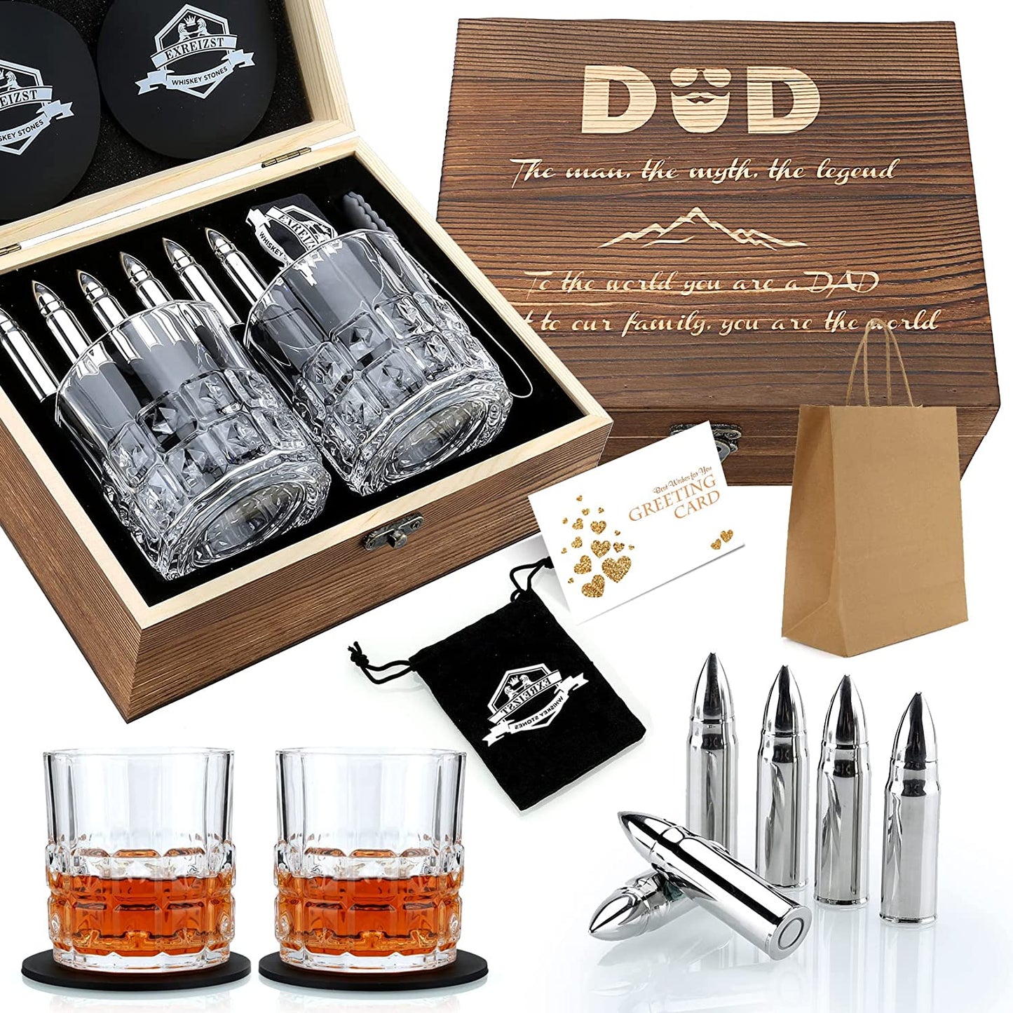 Whiskey Stones Gift Set - Two Granite Whiskey Glasses with Chilling Rocks - Premium Scotch and Bourbon Gift Box - Perfect Father's Day and Birthday Gift for Men