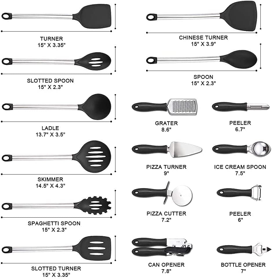 42-Piece Professional Kitchen Utensil Set in Nylon and Stainless Steel for Cooking and Baking, Black