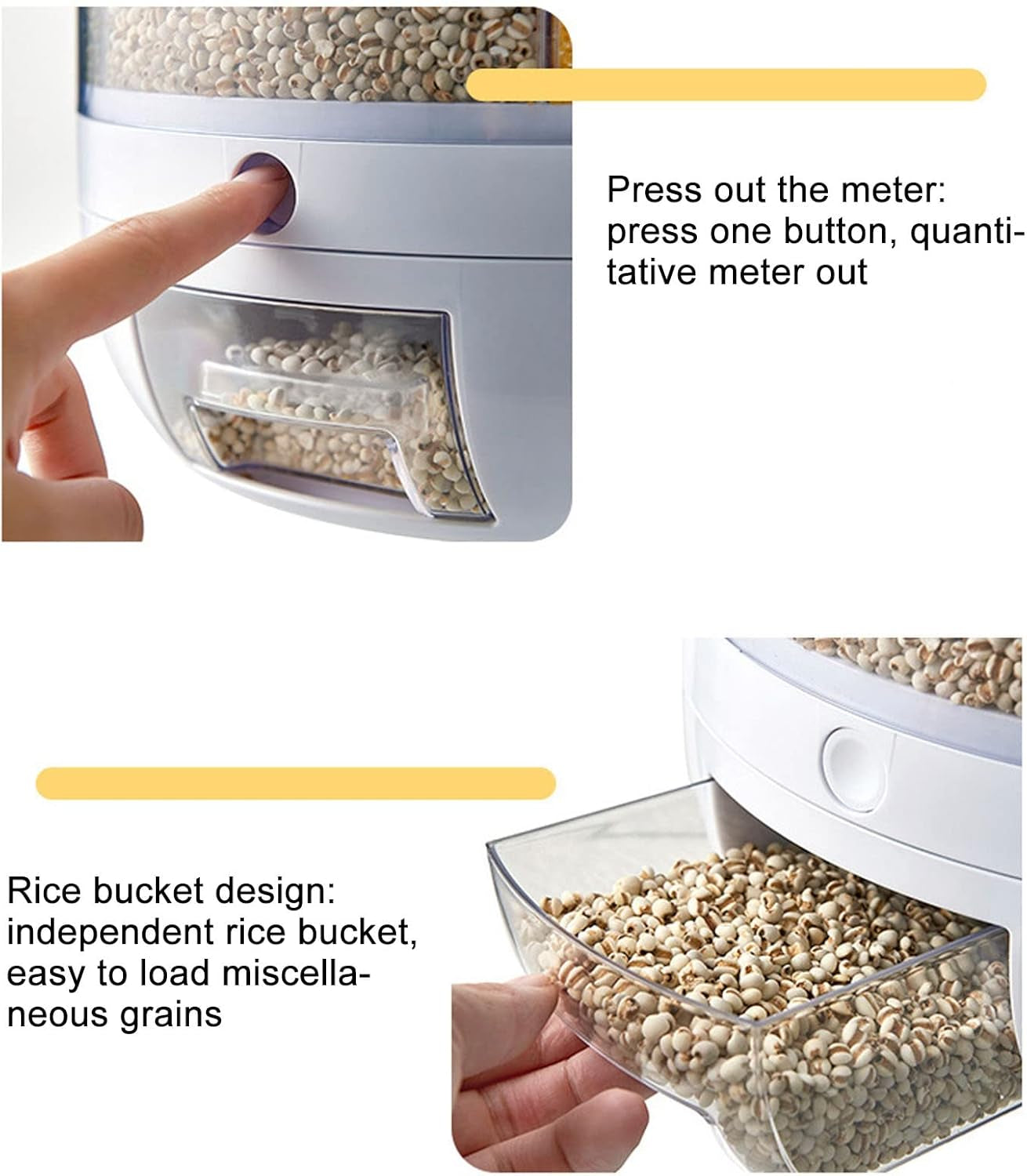 6-Compartment Rotating Rice and Grain Storage Container, 360° Dry Food Dispenser with Lid, 5Kg Capacity for Home Kitchen Use