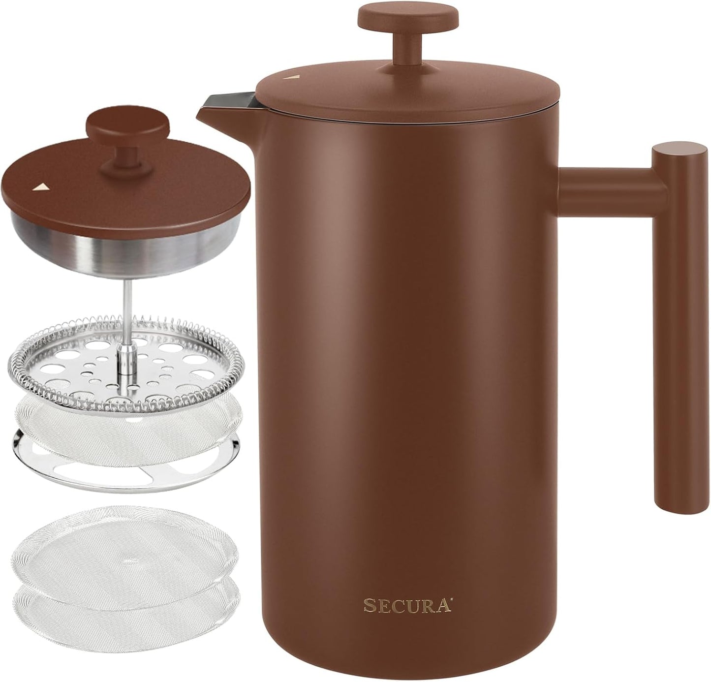 12oz Insulated French Press Coffee Maker - 304 Stainless Steel with 2 Extra Screens, Silver (SFP-12DS)