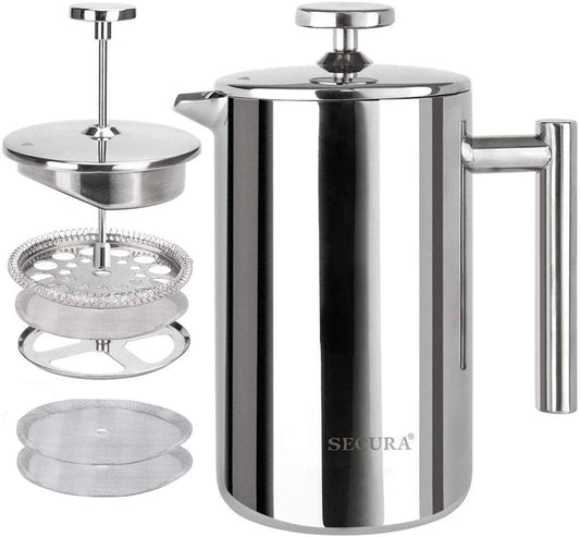 12oz Insulated French Press Coffee Maker - 304 Stainless Steel with 2 Extra Screens, Silver (SFP-12DS)