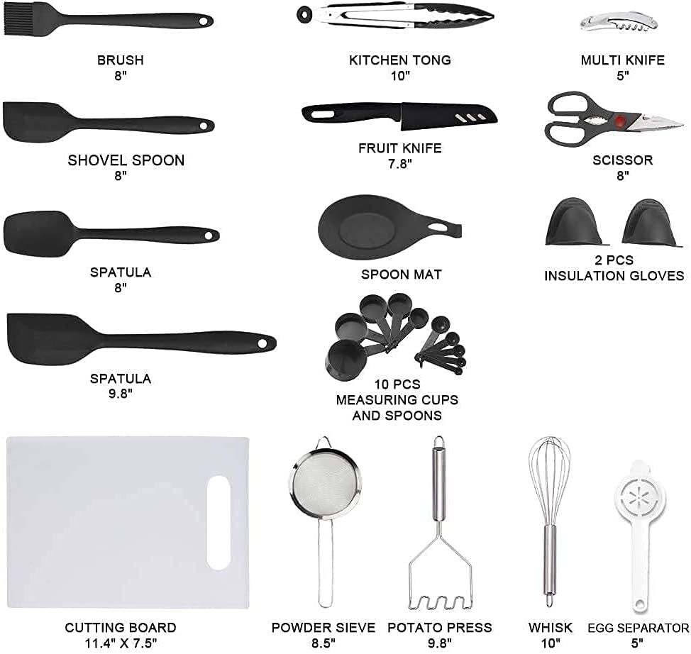 42-Piece Professional Kitchen Utensil Set in Nylon and Stainless Steel for Cooking and Baking, Black