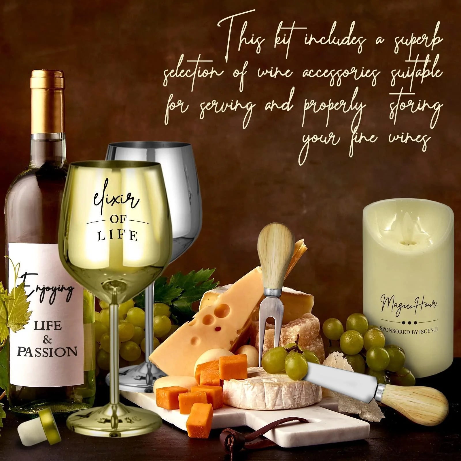 Luxury Wine Gift Set: Stainless Steel Glasses, Stopper, Aerator, Cheese Tray, Knife & Fork - Elegantly Packaged for a Memorable Experience