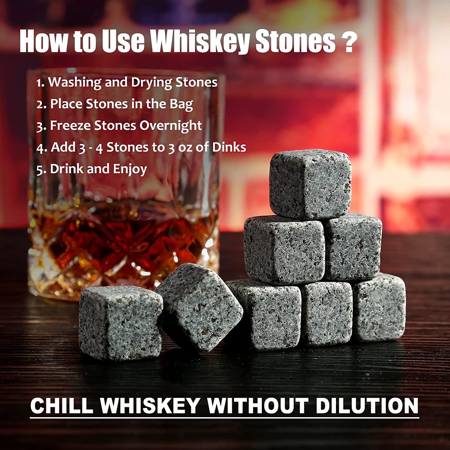 Whiskey Stones Gift Set - Two Granite Whiskey Glasses with Chilling Rocks - Premium Scotch and Bourbon Gift Box - Perfect Father's Day and Birthday Gift for Men
