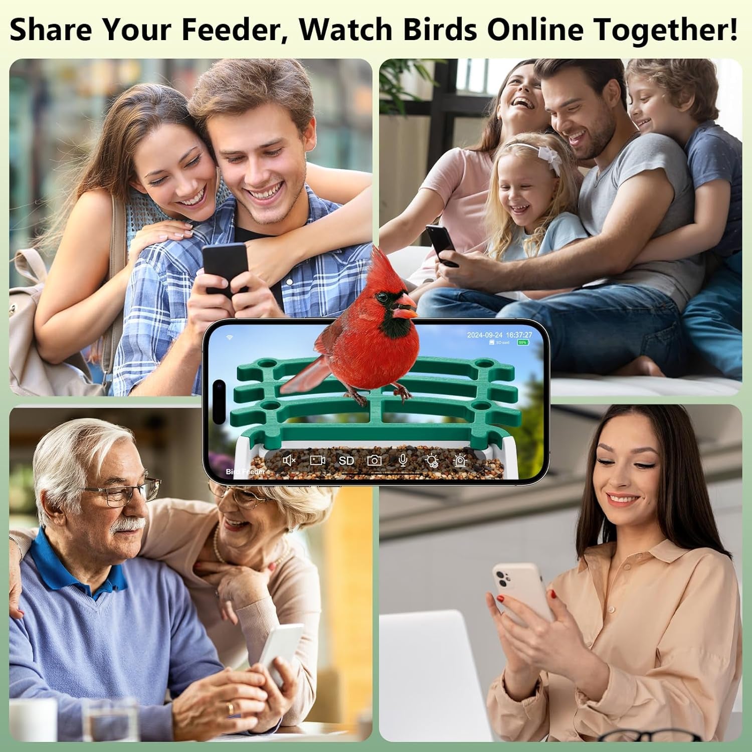 Smart Bird Feeder with Camera, AI Bird Species Identification Solar Powered Panel, 2.5K HD Video Bird House with Camera for outside Garden, Ideal Gifts for Lover,Green