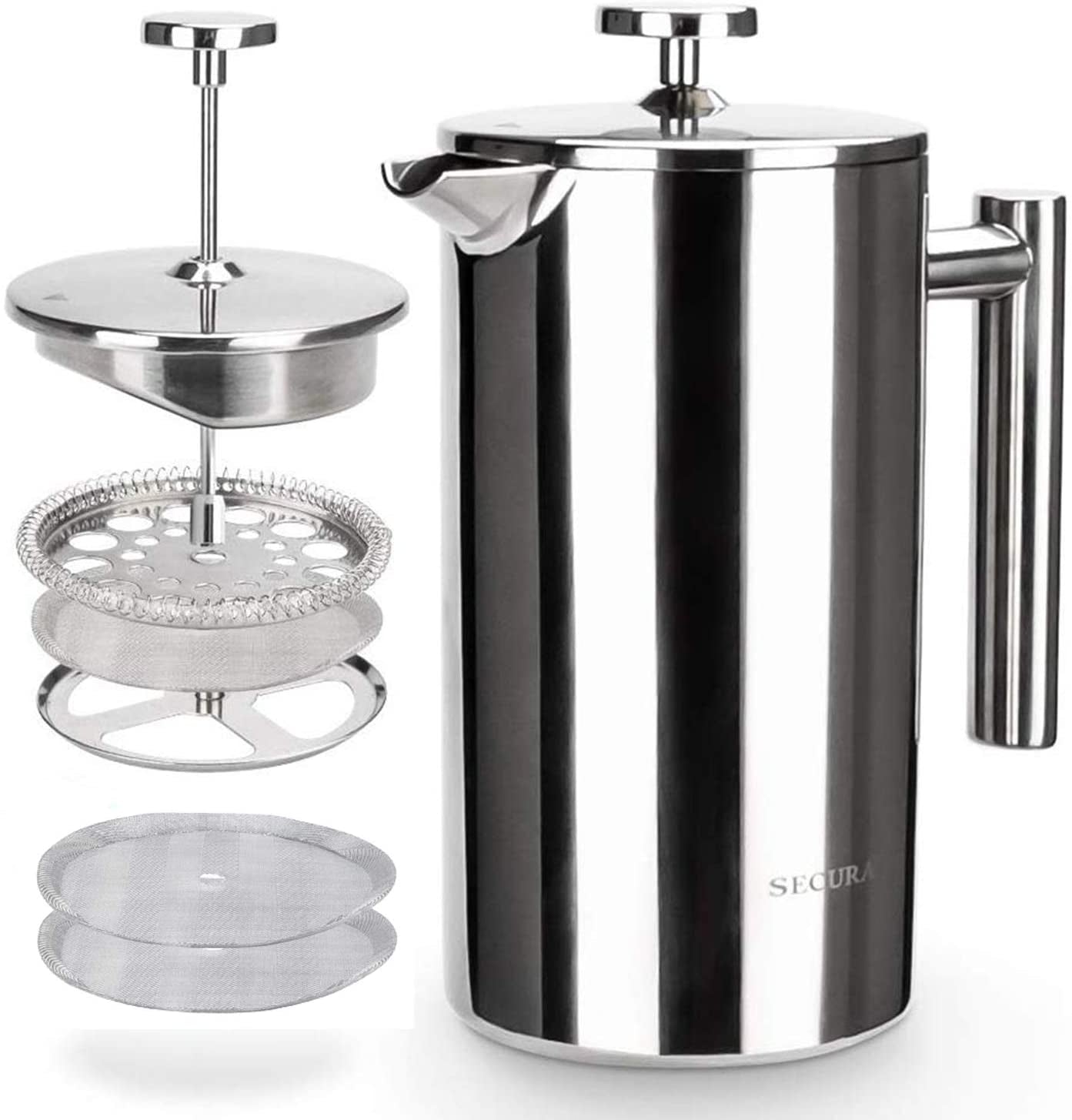 12oz Insulated French Press Coffee Maker - 304 Stainless Steel with 2 Extra Screens, Silver (SFP-12DS)
