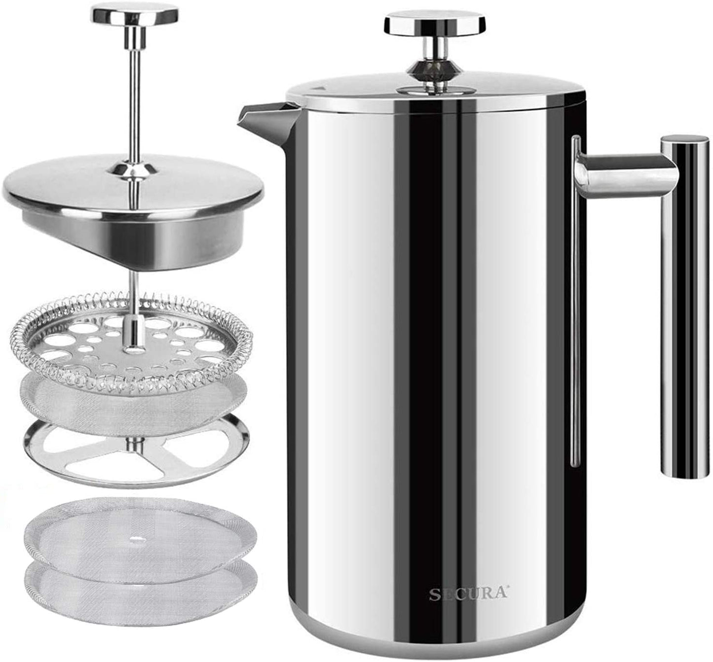 12oz Insulated French Press Coffee Maker - 304 Stainless Steel with 2 Extra Screens, Silver (SFP-12DS)