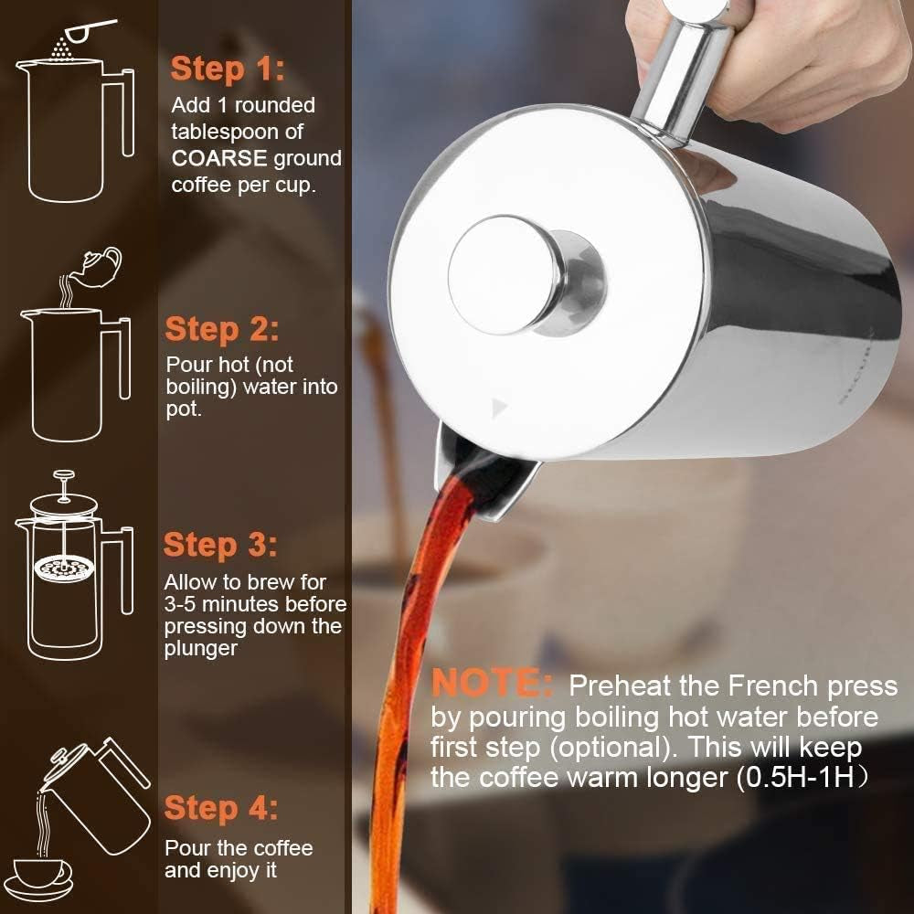 12oz Insulated French Press Coffee Maker - 304 Stainless Steel with 2 Extra Screens, Silver (SFP-12DS)