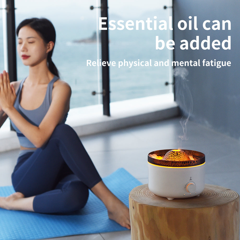 Compact Simulated Flame Volcano Humidifier and Diffuser for Home Décor