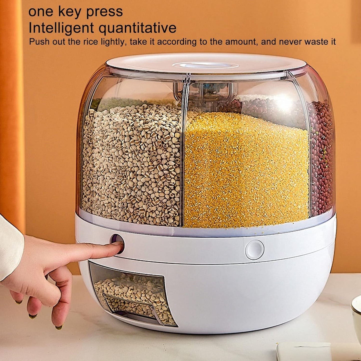 6-Compartment Rotating Rice and Grain Storage Container, 360° Dry Food Dispenser with Lid, 5Kg Capacity for Home Kitchen Use