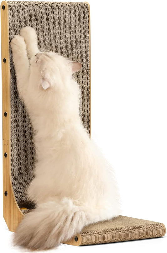 L-Shaped Wall-Mounted Cat Scratcher - 26.8 Inch Cardboard Scratch Pad with Ball Toy for Indoor Cats, Large Size