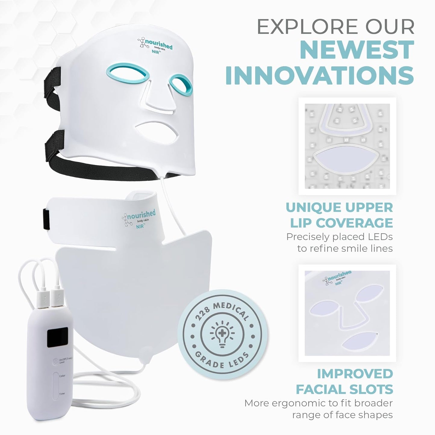 Multicolor LED Face and Neck Mask with Near-Infrared Technology - Blue and Red Light Therapy for Anti-Aging - 228 LEDs Skincare Device