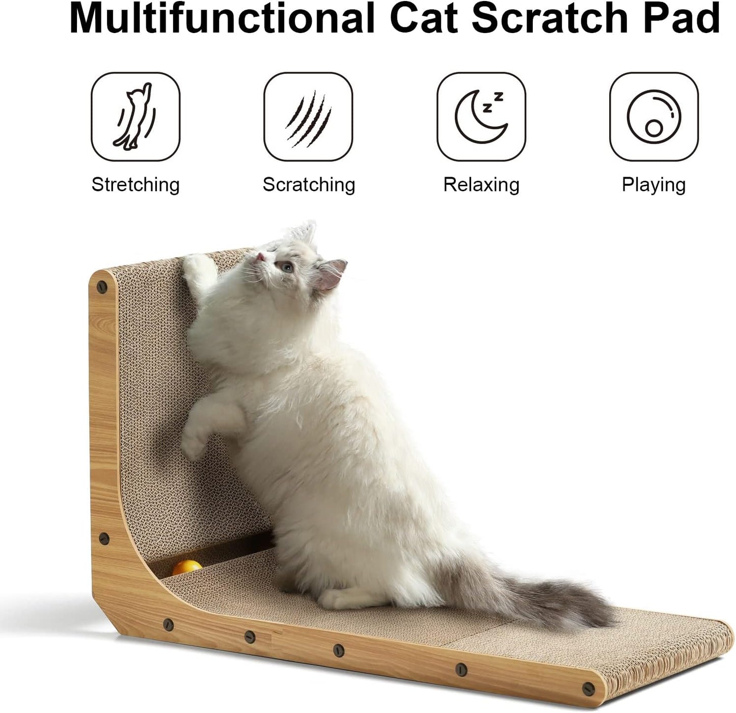 L-Shaped Wall-Mounted Cat Scratcher - 26.8 Inch Cardboard Scratch Pad with Ball Toy for Indoor Cats, Large Size