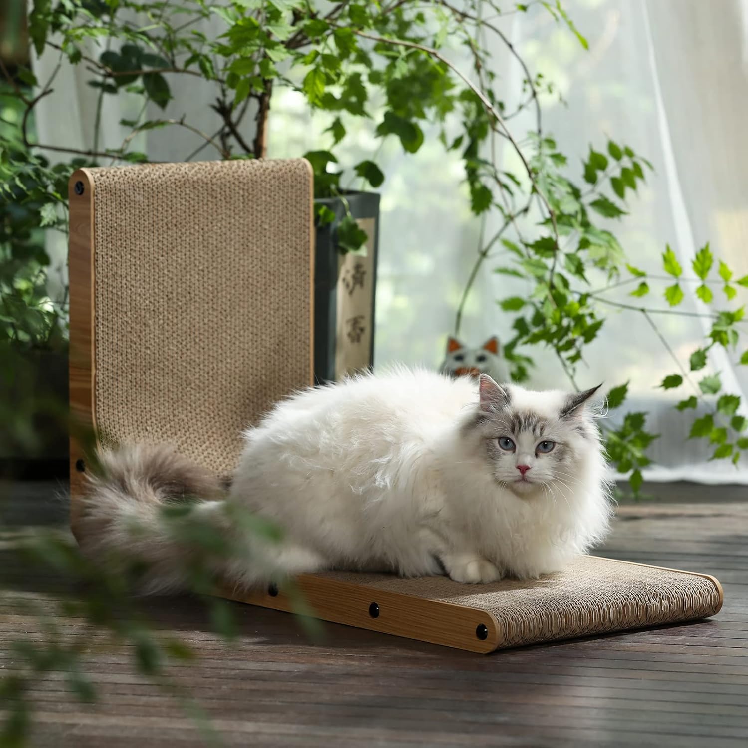 L-Shaped Wall-Mounted Cat Scratcher - 26.8 Inch Cardboard Scratch Pad with Ball Toy for Indoor Cats, Large Size