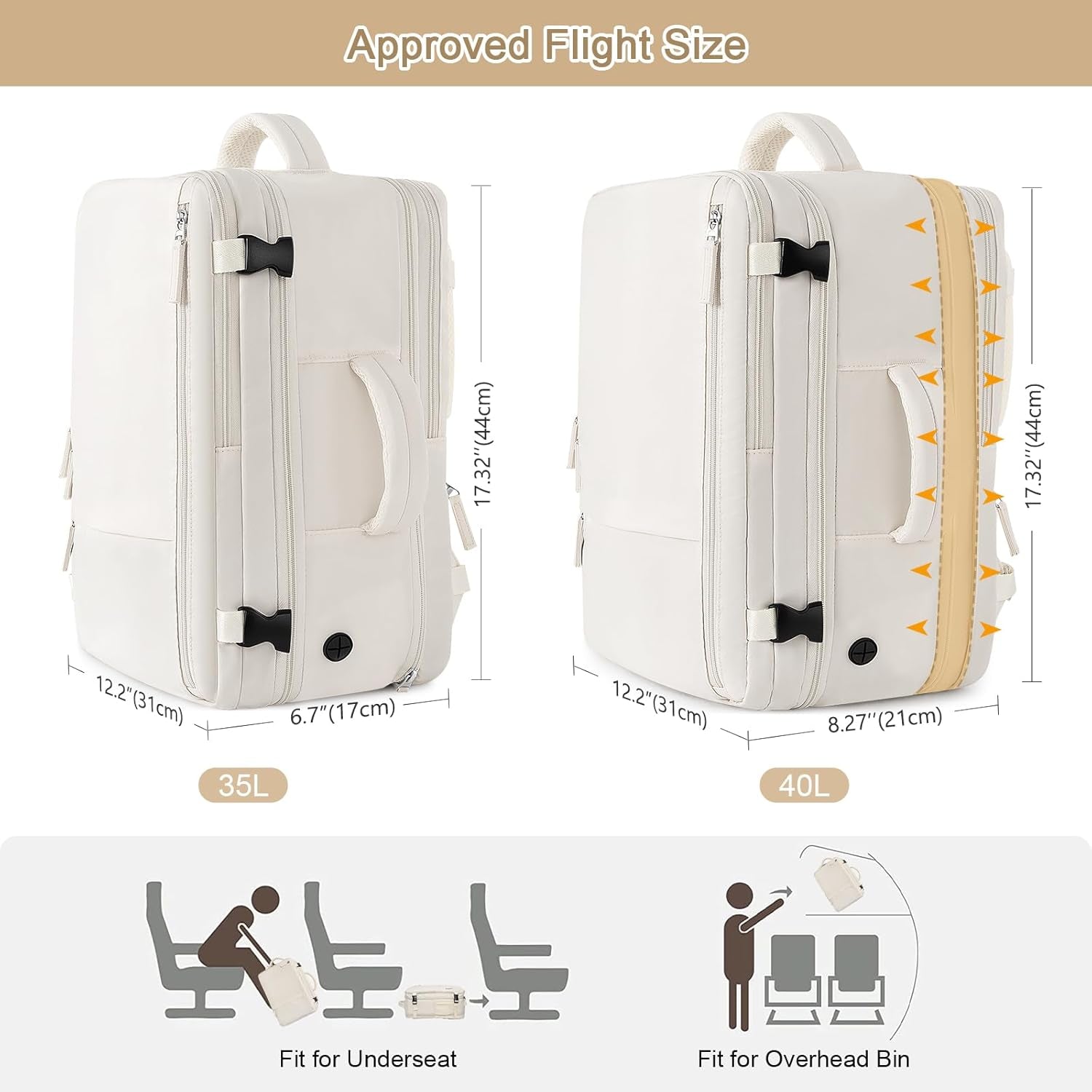 Women's Expandable 40L Travel Backpack, Flight Approved Carry-On, Waterproof 17-Inch Laptop Bag for College, Travel, and Work - Beige