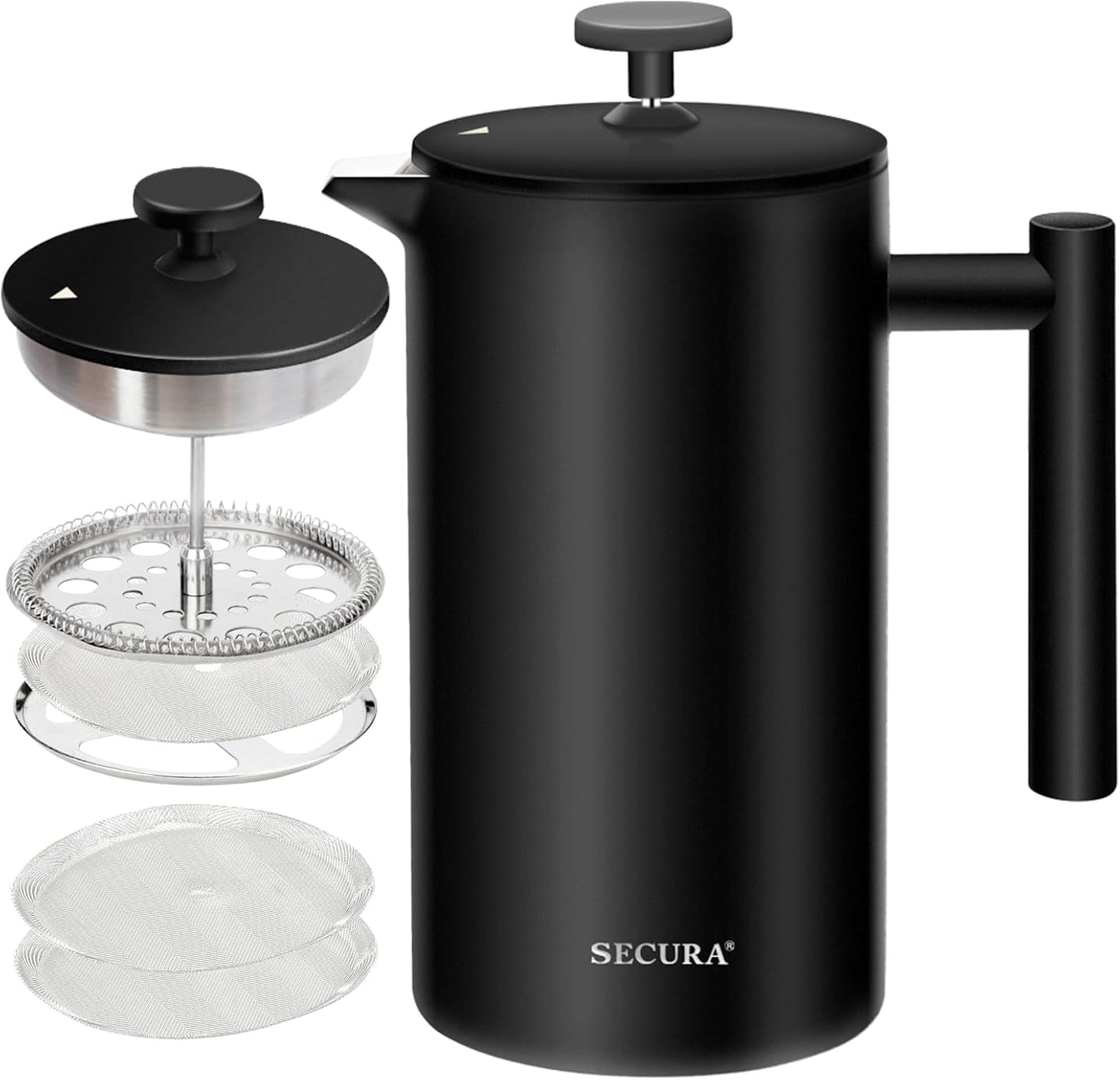 12oz Insulated French Press Coffee Maker - 304 Stainless Steel with 2 Extra Screens, Silver (SFP-12DS)