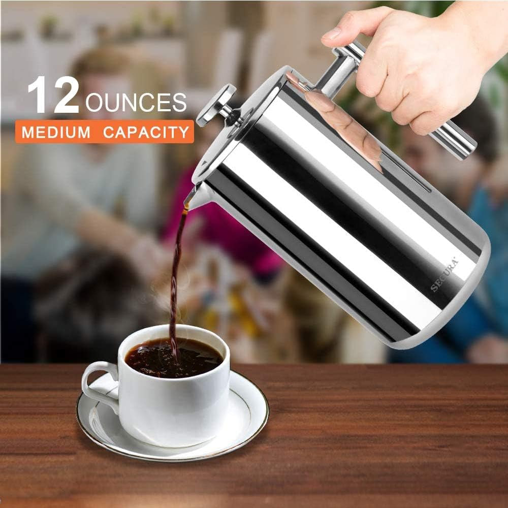 12oz Insulated French Press Coffee Maker - 304 Stainless Steel with 2 Extra Screens, Silver (SFP-12DS)