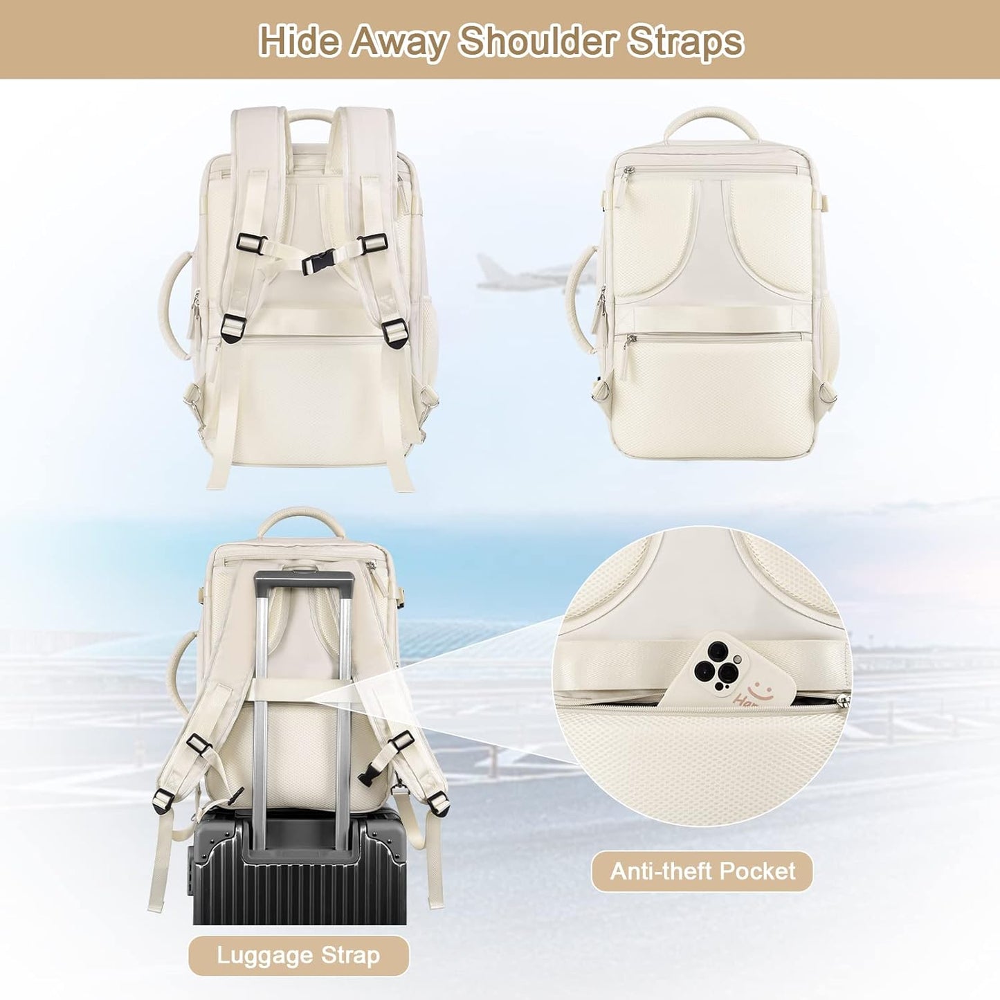 Women's Expandable 40L Travel Backpack, Flight Approved Carry-On, Waterproof 17-Inch Laptop Bag for College, Travel, and Work - Beige